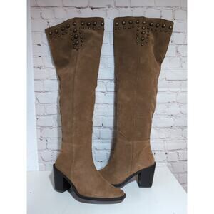 Nasty Gal Over The Knee Studded Camel Brown Boots Size 40 Inside Zip Heeled US 9